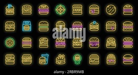 Les icônes de hamburger définissent le vecteur de contour. Burger alimentaire. Triple pain couleur néon sur noir Illustration de Vecteur