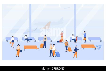 Passagers à l'intérieur du bâtiment de l'aéroport avec de grandes fenêtres panoramiques Illustration de Vecteur