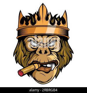Gorille dans une couronne et avec un cigare. Illustration vectorielle de primates. Tête de gorille en colère Illustration de Vecteur