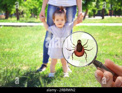 Danger saisonnier des loisirs de plein air. Petite fille tenant les mains de la mère tout en apprenant à marcher dehors. Femme montrant tique avec loupe, sel Banque D'Images