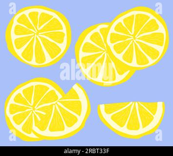 Motif vectoriel avec des citrons jaunes coupés en tranches sur un fond bleu dans un style plat. Illustration de Vecteur