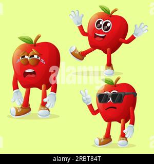 Ensemble de personnages de pommes mignons avec des visages émoticônes. Parfait pour les enfants, marchandise et autocollant, promotion de bannière ou blog Illustration de Vecteur