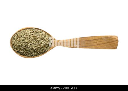 graines d'anis à ajouter à la nourriture. épice dans la cuillère en bois isolé sur blanc. assaisonnement de délicieux repas. Banque D'Images