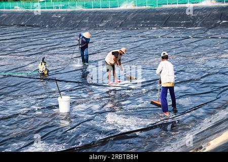 Plusieurs éleveurs d'étangs nettoient les étangs en plastique LDPE avant de commencer à mettre de l'eau dans les étangs d'élevage de poissons vanamei et de crevettes Banque D'Images