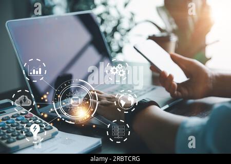 Nouvelle technologie bigdata et stratégie de processus métier. Gestion du changement de la transformation numérique, Internet des objets. Gestion du service client, cloud Banque D'Images