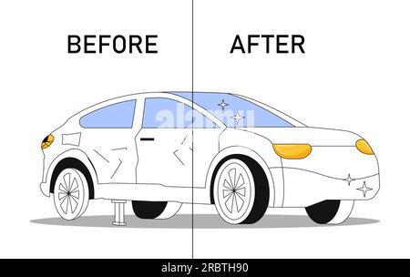 Voiture avant et après concept de ligne de réparation Illustration de Vecteur