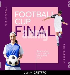 Texte final de la coupe de football sur rose avec divers joueurs de football féminins et masculins et ballon Banque D'Images