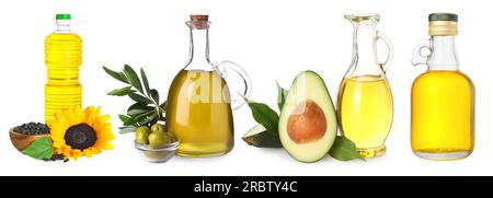 Collage avec bouteilles de tournesol, avocat et huiles d'olive isolé sur blanc Banque D'Images