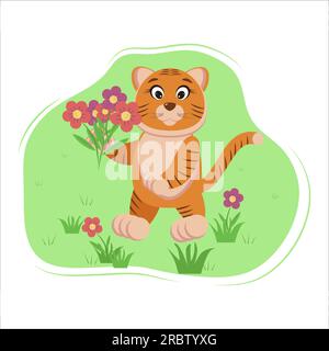 tigre recueille de belles fleurs dans un bouquet Illustration de Vecteur
