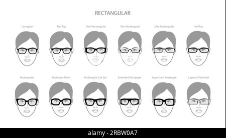 Ensemble de lunettes à monture rectangulaire sur l'illustration d'accessoire de mode de personnage de visage de femme. Lunettes de soleil vue de face style silhouette unisexe, lunettes à bord plat avec contour de style croquis isolé Illustration de Vecteur