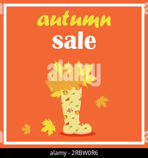 solde, bottes en caoutchouc vintage feuilles d'automne Illustration de Vecteur
