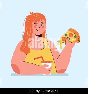 fille mangeant pizza fille tenant une tranche de personnage de pizza dans le style de bande dessinée Illustration de Vecteur