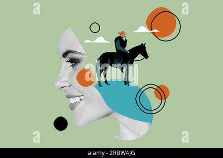 Creative bizarre magazine rétro collage de heureux positif dame rêve équitation sport professionnel isolé sur fond de dessin vert Banque D'Images