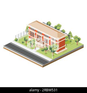 Bâtiment scolaire isométrique isolé sur fond blanc. Illustration vectorielle. Arbres et route. L'homme va à l'école. Illustration de Vecteur