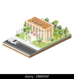 Bâtiment isométrique de bureau de poste isolé sur fond blanc. Illustration vectorielle. Arbres et Van. L'homme va avec un colis à la poste. Illustration de Vecteur