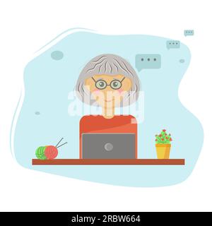 grand-mère est heureuse assise à son ordinateur portable, bavarder, chercher des recettes, intéressant Illustration de Vecteur