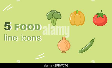 icônes colorées de nourriture saine brocoli, poivre, concombre, tomate oignon Illustration de Vecteur
