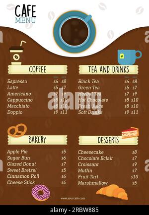 menu café avec une variété de cafés, boissons, boulangerie sucrée et desserts savoureux Illustration de Vecteur
