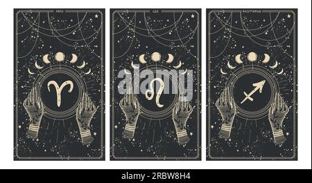 Bélier, lion, signes du zodiaque du sagittaire, éléments de feu, carte horoscope dessinée à la main sur fond noir. Illustration vintage Vector mystique Illustration de Vecteur