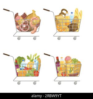 illustration vectorielle de divers chariots d'ensembles d'épicerie dans les produits de supermarché Illustration de Vecteur