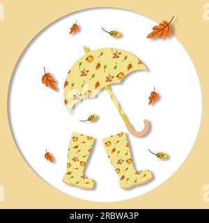 une carte postale dans le style du papier coupé. Bottes en caoutchouc et parapluie, feuilles d'automne. Illustration de Vecteur
