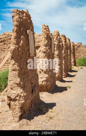 Une ligne en recul de fragments de murs en adobes hauts et étroits avec des étiquettes blanches et des diagonales projette des ombres au Fort Selden State Monument, au Nouveau-Mexique. Banque D'Images