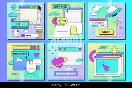 Retro linéaire vaporwave ig modèle de postes dans le style y2k. Ensemble de fenêtres d'ordinateur de navigateur vintage avec des éléments d'interface utilisateur esthétiques et des autocollants pour les médias sociaux. Illustration vectorielle plate. Illustration de Vecteur