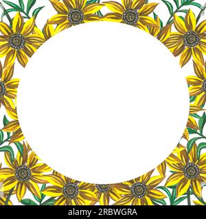 Illustration aquarelle tournesols cadre rond. Fait à la main sur un fond blanc.pour la conception et la décoration de souvenirs, affiches, cartes postales Banque D'Images