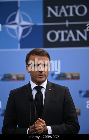 Forum public de l'OTAN 2023 au Centre lituanien d'exposition et de congrès LITEXPO. Le président français Emmanuel Macron arrive sur le site du sommet. 11.07.2023 Lituanie, Vilnius crédit photo : Alexi Witwicki/Sipa USA Banque D'Images