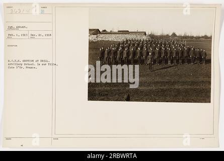 Soldats de la section M.O.R.S. à l'exercice à l'École d'artillerie en France, le 1 février 1919. Le sergent Abbott est en charge. L'emplacement de cette photographie est sur Tille, Côte d'Or, France. Légende : 111-SC-36314, 1 février 1919 21 décembre 1918 RECO PREND LA DESCRIPTION, NUMÉRO B 56317. Banque D'Images