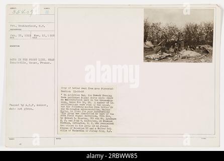 Groupe de soldats du 3034 Field signal Battalion, 78th Division, près de Remoiville, Meuse, France le 12 novembre 1918. La photographie, étiquetée 111-SC-35409, a été prise par un photographe non identifié pour la Section des photos de l'Armée et publiée dans le Memark Evening News le jour de l'Armistice. Certains soldats sur la photo ont été identifiés comme Joseph Kloxen de Brooklyn, NY et Walter Colville de Weehawken ou Jersey City, NJ Banque D'Images