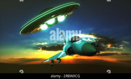 un avion de chasse est poursuivi par un ovni (rendu 3d) Banque D'Images