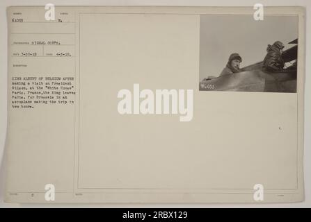 Légende : le roi Albert de Belgique quitte Paris pour Bruxelles dans un avion après avoir rencontré le président Wilson à la Maison Blanche à Paris, en France. Le Roi a terminé le voyage en seulement deux heures. Photo prise le 3 avril 1919. (PHOTOGRAPHIE : TDTO419, SYMBOLE NUMÉRO 61053, SIGNAL DU PHOTOGRAPHE CORPS. DESCRIPTION : E₂ RECO 7-30-19 PRISE 4-3-19. U NOTES 1053) Banque D'Images