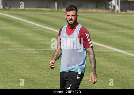 Hoenderloo, pays-Bas. 11 juillet 2023. Aron Donnum de Standard photographié lors d'une séance d'entraînement de l'équipe belge de football de première division Standard de Liège lors de leur camp d'entraînement d'été, mardi 11 juillet 2023 à Hoenderloo, pour préparer la saison 2023-2024 à venir. BELGA PHOTO BRUNO FAHY crédit : Belga News Agency/Alamy Live News Banque D'Images