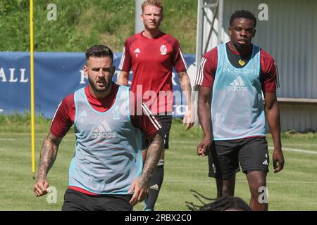 Hoenderloo, pays-Bas. 11 juillet 2023. Aron Donnum de Standard photographié lors d'une séance d'entraînement de l'équipe belge de football de première division Standard de Liège lors de leur camp d'entraînement d'été, mardi 11 juillet 2023 à Hoenderloo, pour préparer la saison 2023-2024 à venir. BELGA PHOTO BRUNO FAHY crédit : Belga News Agency/Alamy Live News Banque D'Images