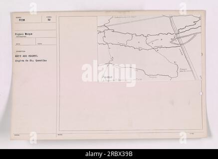 Une photographie d'une carte intitulée « région des Saint-Quentin ». La carte fait partie de la série cartes et cartes, désignée par le symbole 111-SC-8758. La photographie a été prise par un photographe du signal corps. La description note que la carte est émise et comprend un symbole jaune indiquant 'BU' (mise à jour de bataille). Cette carte particulière montre la région de St. Quentin et contient des notes sur les positions allemande et française. Banque D'Images