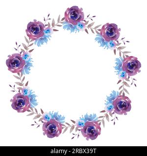 Une couronne de fleurs violettes et bordeaux. Illustration aquarelle. Roses, lupins, lavande, cosmétique, fleur de maïs. Beauté et santé Banque D'Images