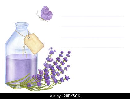 Huile essentielle de violet carte postale, bouquet lavande, papillon. Pipette pour bouteille en verre. Illustration d'aquarelle dessinée à la main isolée sur fond blanc. Pour Banque D'Images