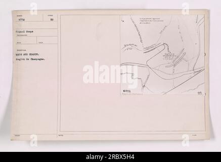 Cette image montre des cartes et des cartes de la région de Champagne pendant la première Guerre mondiale. Les symboles et les notes sur les cartes indiquent l'importance et l'intensité des différents courants dans la région. La photographie a été prise par un photographe du signal corps, identifié comme RECO PRIS. Banque D'Images