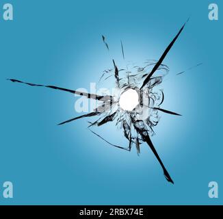 Trous de balle dans la fenêtre contre le ciel bleu. Conséquences de l'écaillage et des fissures sur le verre Banque D'Images