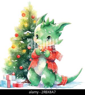 Dragon cadeaux aquarelle de noël dans le style de bande dessinée. Elément décoratif vintage. Conception de carte de voeux de vacances. Bonne année. Symbole du nouvel an. Illustration de Vecteur