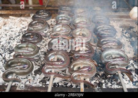 Anguilles à la broche, recette typique de Sardaigne, Campidano, Sardaigne, Italie, Europe Banque D'Images