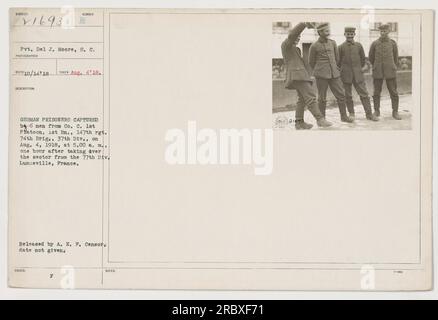 Image montrant six prisonniers allemands capturés par des hommes de la compagnie C du 1e peloton, 1e bataillon, 147e régiment, 74e brigade, 37e division le 4 août 1918, à 5:00 heures du matin Ils ont été capturés une heure après avoir repris le secteur de la 77e Division à Lunéville, en France. Banque D'Images