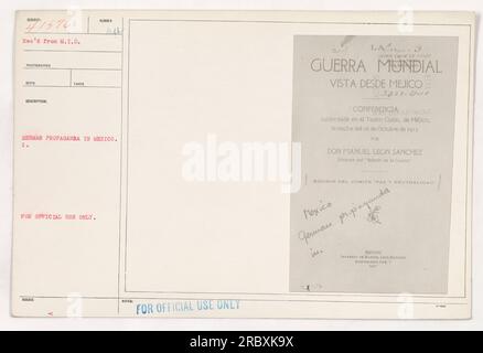 Propagande allemande au Mexique pendant la première Guerre mondiale L'image capturée montre une conférence tenue au Teatro Colón de Mexico le 26 octobre 1917. La conférence était dirigée par Manuel Leon Sanchez, directeur de la "Boletin de la Guerra" et était associée au comité "Paz y Neutralidad". Banque D'Images