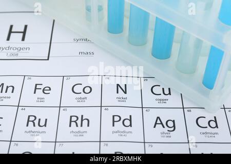 Tubes à essai en rack sur le tableau périodique des éléments chimiques, gros plan Banque D'Images