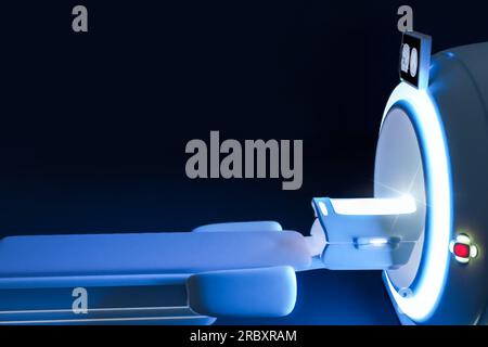 Vue latérale du SCANNER IRM - appareil d'imagerie par résonance magnétique en rendu 3D hospitalier. Matériel médical et formation en soins de santé. Banque D'Images