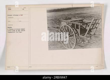 Des responsables militaires français présentent des Wagonettes nouvellement conçues pour les chiens lors d'une exposition de chenil pendant la première Guerre mondiale. La photo, numérotée 8660 et faisant partie de la collection 'Photographs of American Military Activities during World War One', a été prise par un photographe inconnu. L’exposition, qui présentait les derniers véhicules de transport de chiens, s’est déroulée dans la région de la Marne en France. Les notes supplémentaires incluent une référence à un officiel français et une description de photo. Banque D'Images