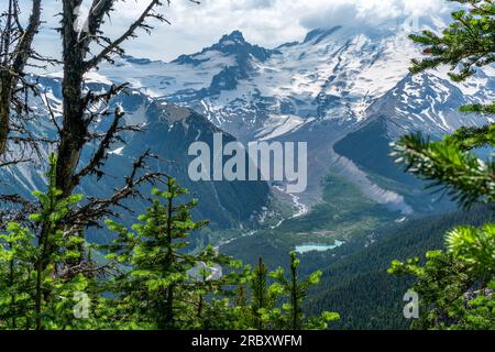 Une vue panoramique sur le mont Rainier avec le glacier Emmons et la rivière Blanche ci-dessous. Banque D'Images