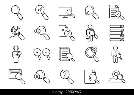 Icône de jeu de recherche. Contient icône loupe, trouver, moteur de recherche, recherche d'emploi, détective, recherche payante, et plus encore. style icône en forme de ligne. Vecteur simple des Illustration de Vecteur