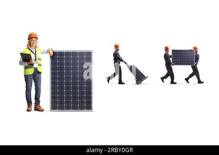 Femme ingénieur posant avec un panneau solaire et des ouvriers portant des panneaux dans le dos isolé sur fond blanc Banque D'Images